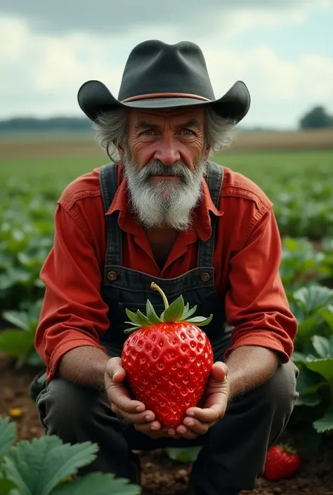 A gray-haired farmer with a black hat and red clothes found a large grain of strawberries on a farm