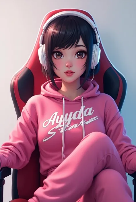 Short-haired woman sitting on a gaming chair wearing white earphones, pink clothes, full body , Age 27 years,with the name Ayyda Starz written on it 