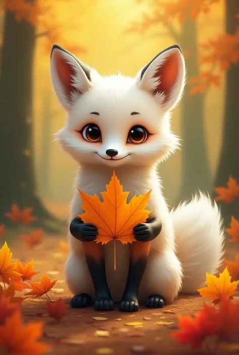 A close-up cutie of a red fox in a white coat sits in a clearing, holding a large maple leaf around autumn bushes and trees with bright green, bright yellow and bright red leaves with its paws