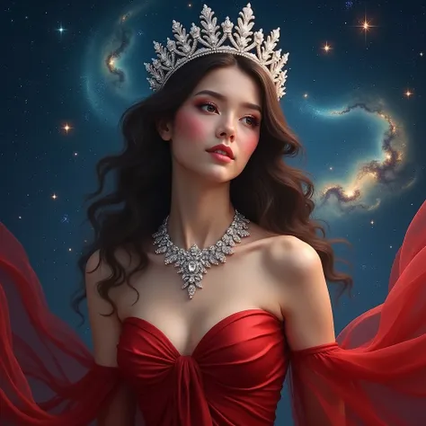 Beautiful woman wearing red dress crown and diamond necklace"starry night background"