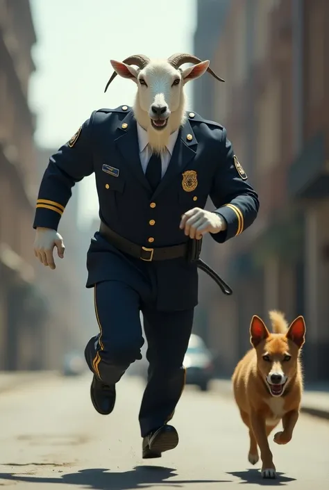 A white bodybuilder goat, wearing a police uniform, is chasing a dog.

