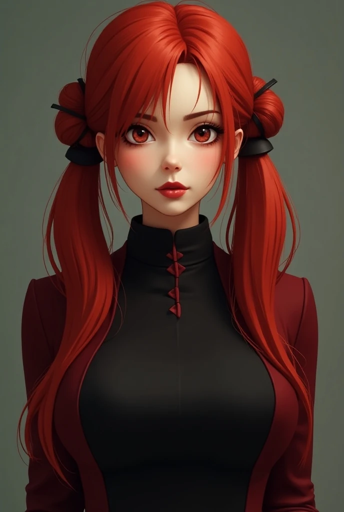 red-haired woman,com penteado pigtails,with black and red clothes,fully body