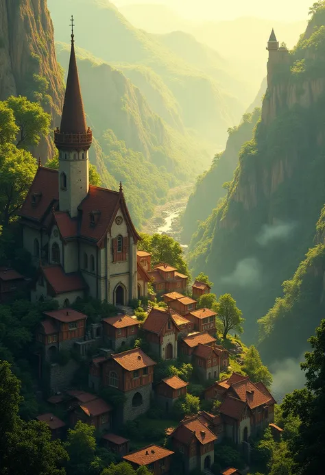 a serene hillside town bathed in golden sunlight. The town is densely packed with small, quaint houses, all with red and brown rooftops, scattered across a steep, green mountainside. The landscape is lush, with greenery and trees surrounding the houses, an...