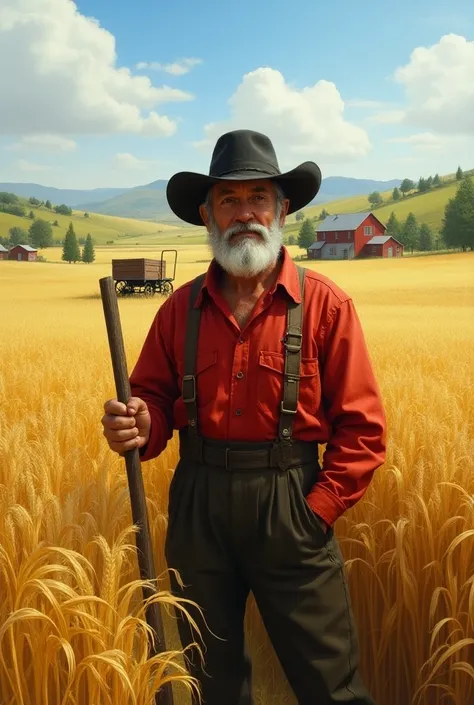 A gray-haired farmer with a black hat and red clothes found grain on a farm 