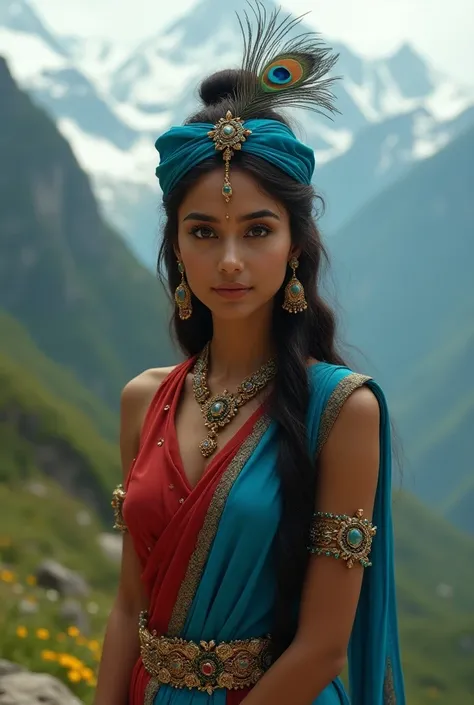 (photorealism:1.2), beautiful indian woman, light orange skin tone, standing on moutain, beautiful eyes like peacock, sharp nose, decorated with golden colored ancient indian style womens jewelry with shining precious stones, attractive personality with sl...