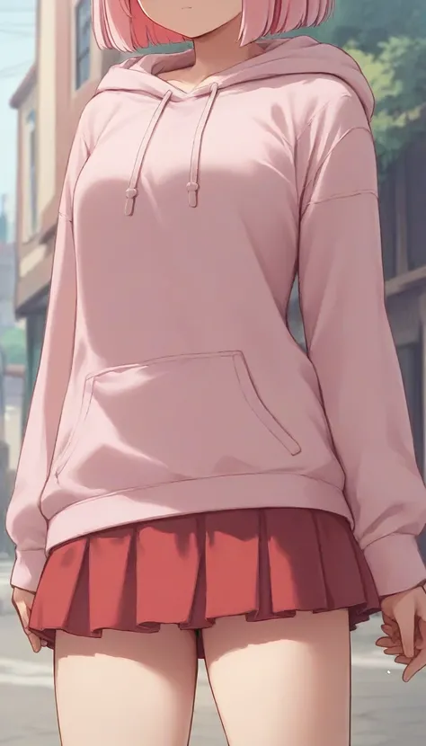 1girl, solo, pink hair, bob hair, bangs between eyes, hime cut, blue eyes, pink hoodie, long sleeves, red skirt, mini skirt, standing, outdoor, town, squea, tareme, head out of frame, (close-up shot of lower body), thighs