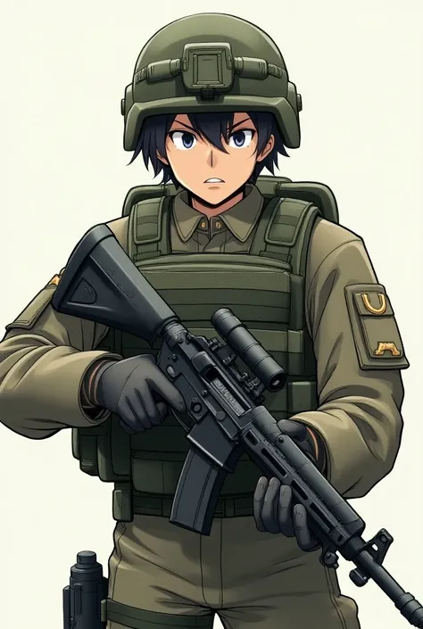 Anime man in military suit (with rifle in hand) (vest and helmet) 