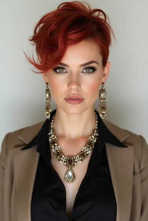  A beautiful woman with makeup and styling made up of short red hair, full in body type, in a shirt and jacket , in the official style ,  with a beautiful necklace and earrings ,  as in the photo documents,  with a beautiful necklace and earrings  на белом...