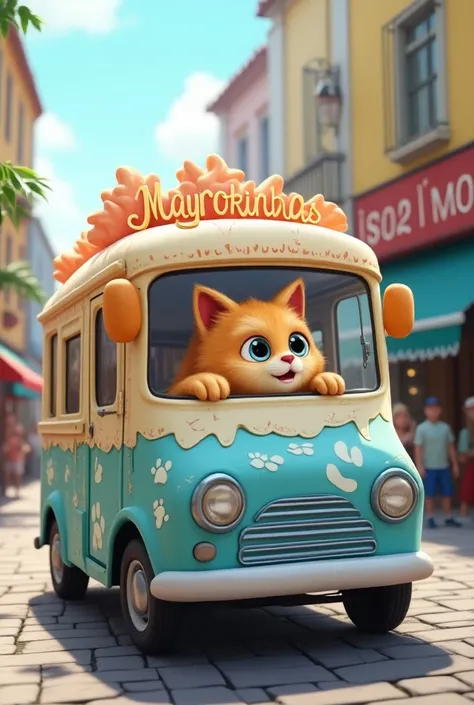 An ice cream van with the name Mayrokinhas, With theme
 cats