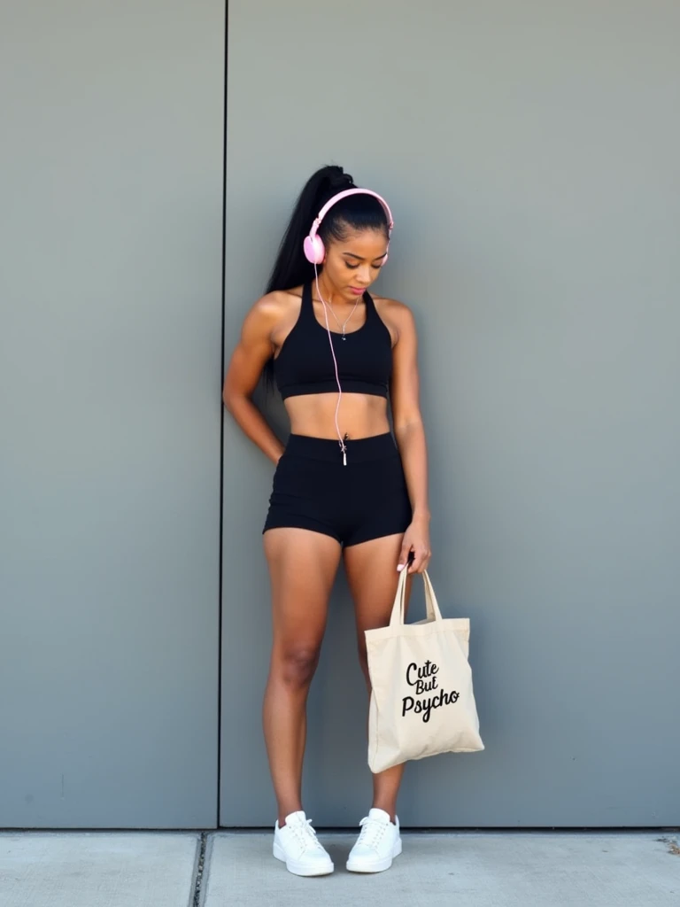 Melina Sinadino light skin, long straight black hair high ponytail standing against a large, plain gray wall. she is wearing all black athletic attire, including a black sports bra and black shorts and white sneakers, and has pink headphones. In their hand...