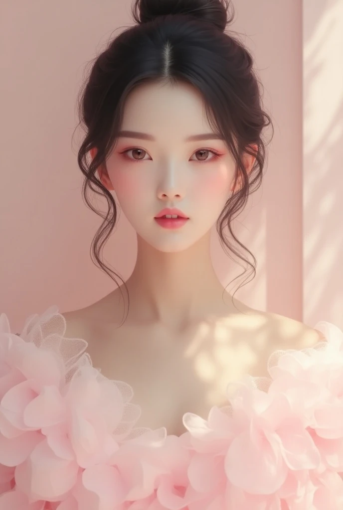  very beautiful Asian girl tender face curvy lips,  gentle background ,  gentle pale pink fluffy dress 