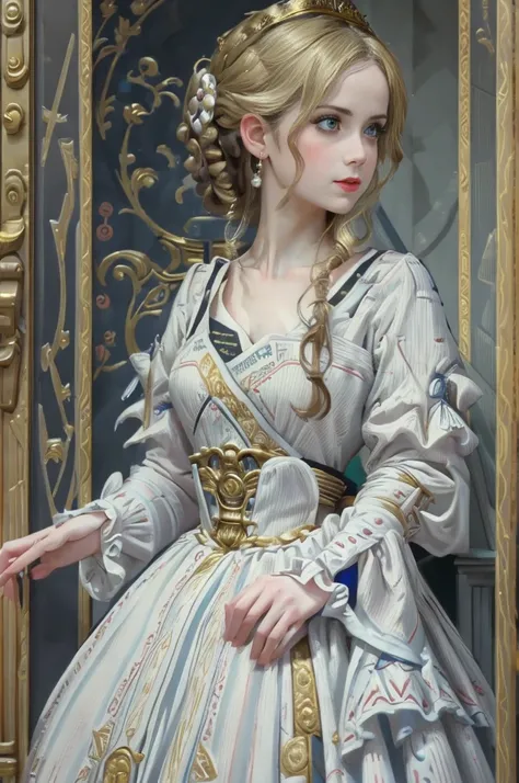 A picture of A adult girl in a gorgeous white dress with blue inserts, light red lipstick, Lumine from Genshin Impact, Marie-Antoinette, 18th century, close up face, high French hairstyle with curled hair from the 1790s, A adult girl with pale skin, golden...