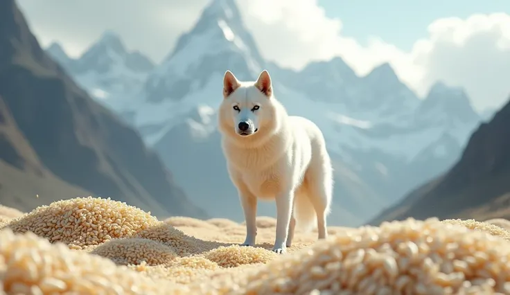 There is a white dog in the mountains and a large pile of rice grains for sacrifices( best quality，4K，8k，High level，masterpiece：1.2）， super detailed ，（lifelike，Photo real，Photo real：1.37），Highly detailed animals，Complex patterns