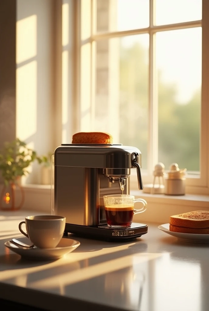 a steaming hot cup of coffee, a rich and creamy mug of hot chocolate, a toaster that can make both, the toaster dispenses jelly from its side, stainless steel appliance, modern kitchen interior, sunlight streaming through windows, minimalist design, high-q...