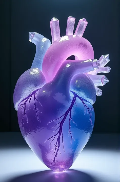 An anatomical heart made of very bright violet and blue quartz on a polished surface 