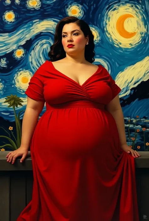  Make a character like a fat woman by Fernando Botero , female , with a red dress,  in an emblematic place or representative of the culture of Manizales ,  with the painting technique of Van Goghs The Starry Night”