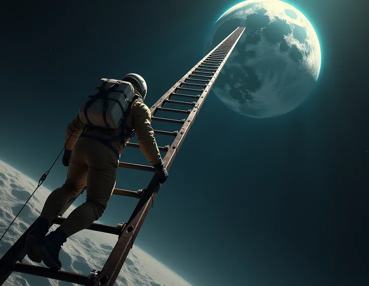 A rescuer climbing to the moon on a ladder