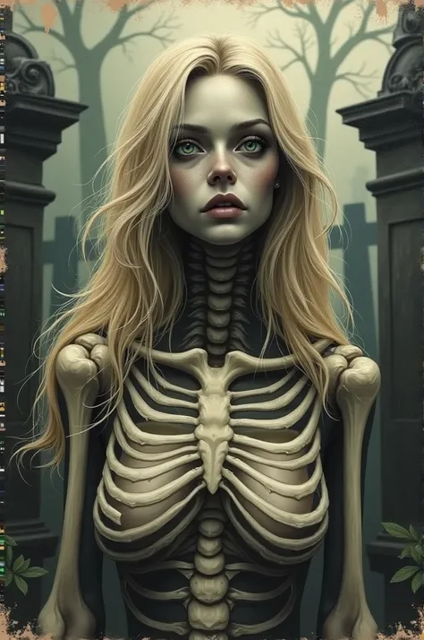  Overweight skeleton woman . blonde, striking green eyes . flowing hair.  The background is a ruined cemetery. impressionism. realism.  Charcoal sketch on canvas . 