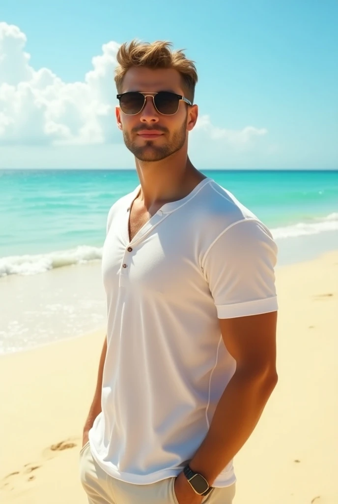 25 years old white boy wearing sunglasses standing in beach 