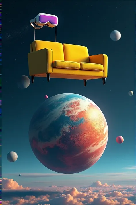 Create an image of a planet and above it a yellow sofa with virtual reality glasses 