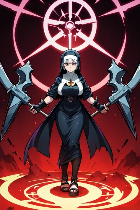 ultrakill art style , Woman nun floating, upright position , arms outstretched, double skullgirls, head looking down, axes under her control , the axes surround the nun in a circular manner, sharp crosses in the background , dripping blood down her feet, e...