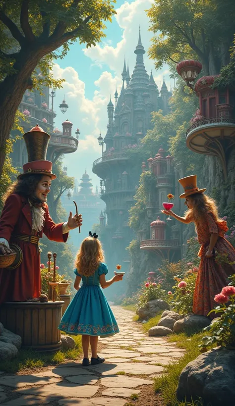 In that magical world ,  Alice encounters very strange characters ,  like the Mad Hatter ,  the Queen of Hearts and the Cheshire Cat .  Each encounter is more surprising than the last.