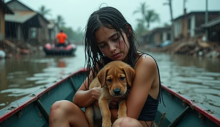 a heart breaking hurricane aftermath photo of a soaking wet Western teenage girl Crying loudly and  madly and tears running down her face, holding a soaking wet frightened and scared puppy inside a rescue boat floating in a flooded street of a village dest...