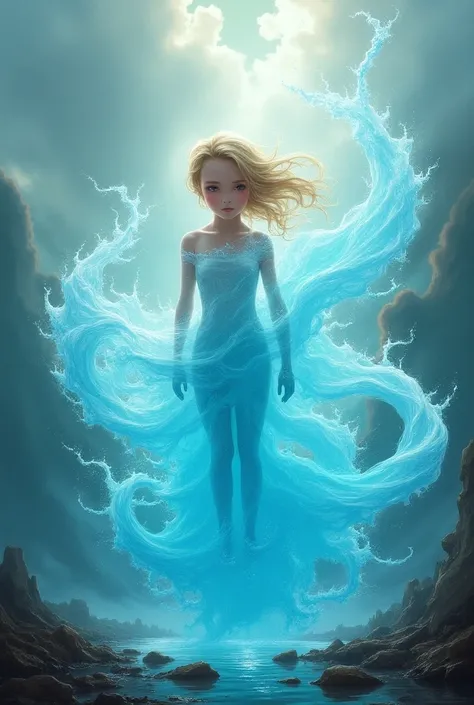 An illustration from a book where a girl is transformed into Aqua, the water hero, to save the environment from pollution 