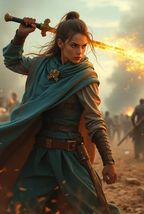  a young Ukrainian woman , , fights enemies with a fiery sword, and protects ren and women , , covering them with her magic cloak 