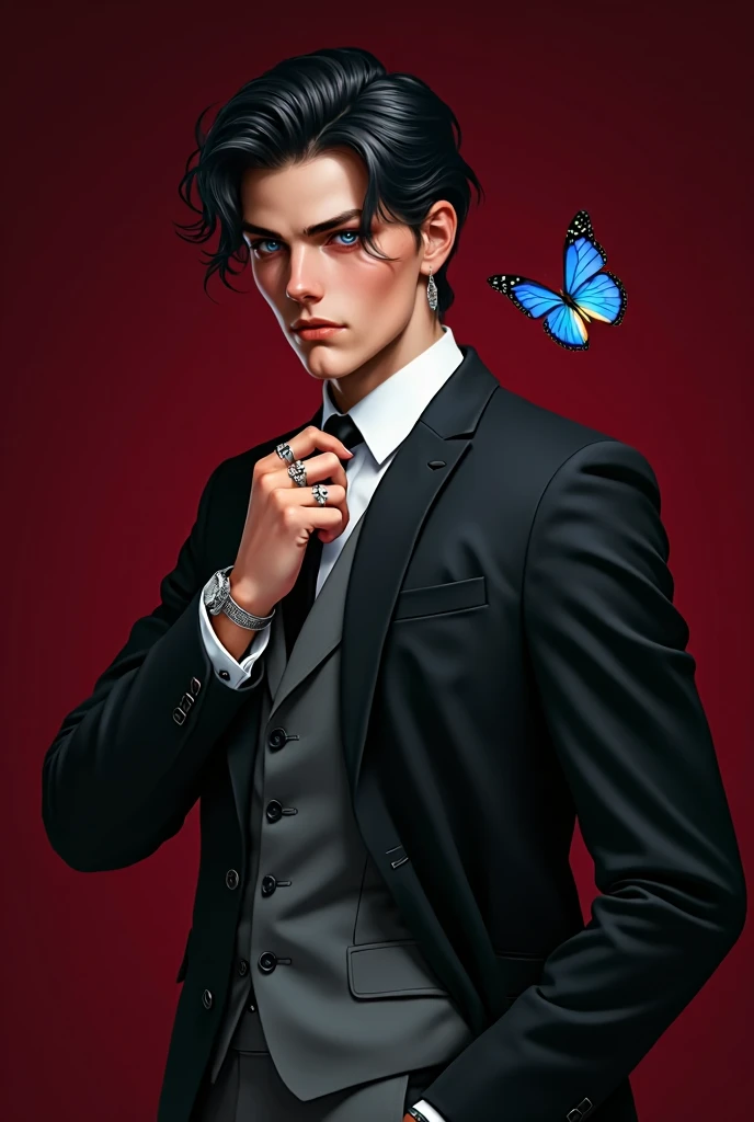 Realistic image. Handsome adult man with perfect and symmetrical face. He has an angelic face. He has wavy black hair with strands over his eyes and eyebrows. He has thick eyebrows and long eyelashes. Blue eyes. He is dressed in a black cloth coat, a grey ...