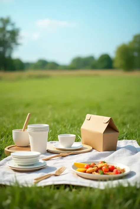  image of plates cups trays biodegradable bagasse boxes used on a picnic in the field, I dont want normal utensils I want them to be ecological disposable , The image should be focused on the ecological disposable utensils 