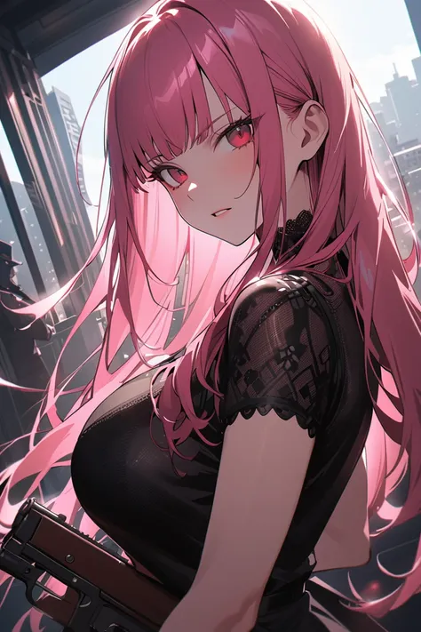 (gun action movie:1.5), sexy, erotic, (1girl, (mori calliope:1.5), pink hair, long hair, dark red eyes, (Huge breasts:1.2), The best valley, slender body, (hololive))
, 
(Masterpiece: 1.3), best quality,  (Maximum Resolution: 1.2),  ultra-detailed, cinemat...