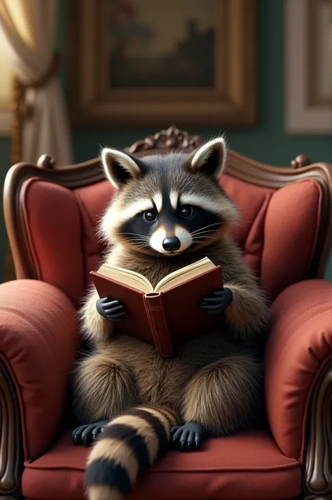 Realistic image of raccoon sitting on sofa Víctoriano reading 