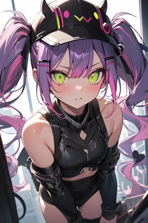 (gun action movie:1.5), sexy, erotic, (1girl, (Tokoyami Towa:1.5), (purple hair), twin tails, green eyes, long hair, (demon tail), flat chest, slender body, black cap, (hololive))
, 
(Masterpiece: 1.3), best quality,  (Maximum Resolution: 1.2),  ultra-deta...