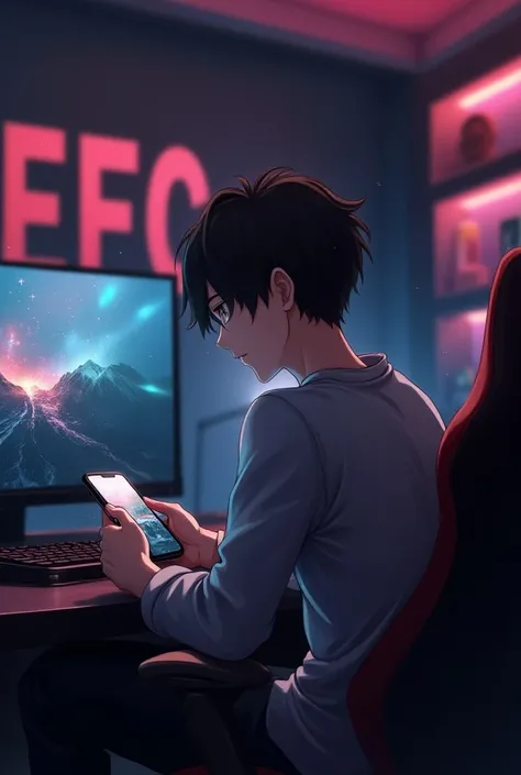 A boy playing game in a luxury gaming room .with vibe .and at his background wall therenis written EFC 
Make the inspire more visible
Make the boy more handsome and his age is 22
He is playing on a phone 
Make his face blurry
This photo is from his backgro...