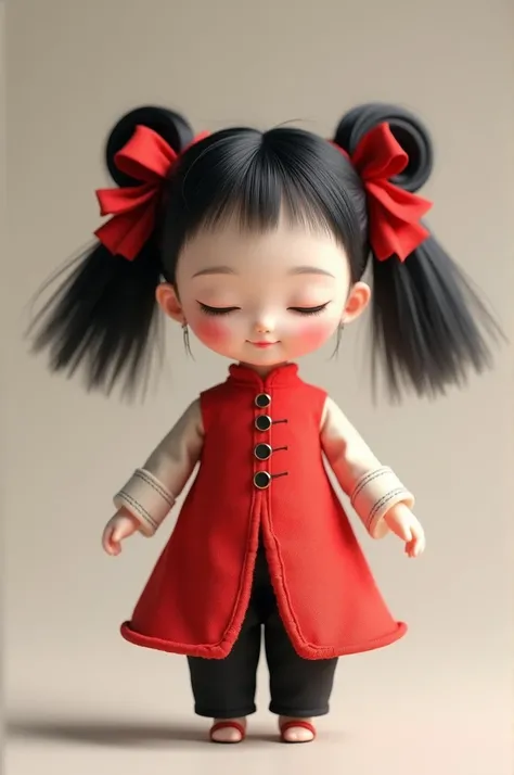 A toy for a girl from China oval head black hair circular pigtails red ribbons red dress black pants closed eyes without eyelashes small smile small eyebrows