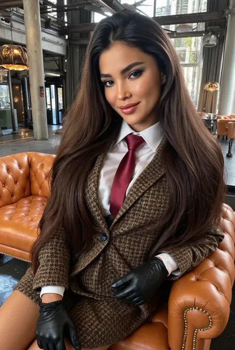 sv3t4bilyavlx, straight brown hair, female mobster, mafia style, brown tweed 3-piece business suit with a white shirt and red ti...