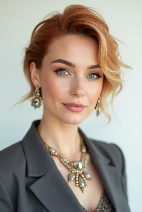 Beautiful woman with makeup and hair styling made of short redheads with blond hair highlights, slightly thick in build, in a shirt and jacket , in the official style ,  with a beautiful necklace and earrings ,  as in the photo documents,  with a beautiful...