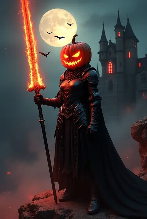 Pumpkin head woman, weird glowing eyes, Halloween warrior using huge flaming overwhelming sword, black knight armor, dark theme costume, dark fantasy tone , 8k, vivid render, flashy cosplay, super detailed fantasy character, dark goddess, wacky fantasy arm...