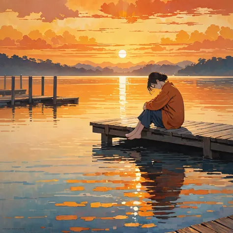 The image depicts a person sitting alone on a wooden dock by a body of water during what appears to be sunset or sunrise. The person is seated with their knees drawn up to their chest and their head resting on their knees, suggesting a contemplative or mel...