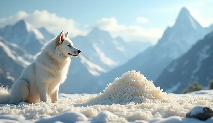  There is a white dog in the mountains and a large pile of polished rice for sacrifices，The grains of rice are real and fine ( best quality，4K，8k，High level，masterpiece：1.2）， super detailed ，（lifelike，Photo real，Photo real：1.37），Highly detailed animals，Com...