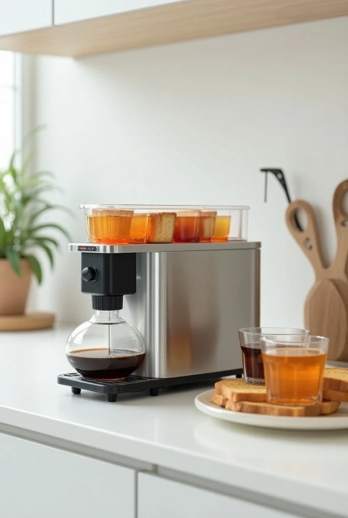 A toaster that makes coffee, besides that next to it has a jelly dispenser bar for 3D toast