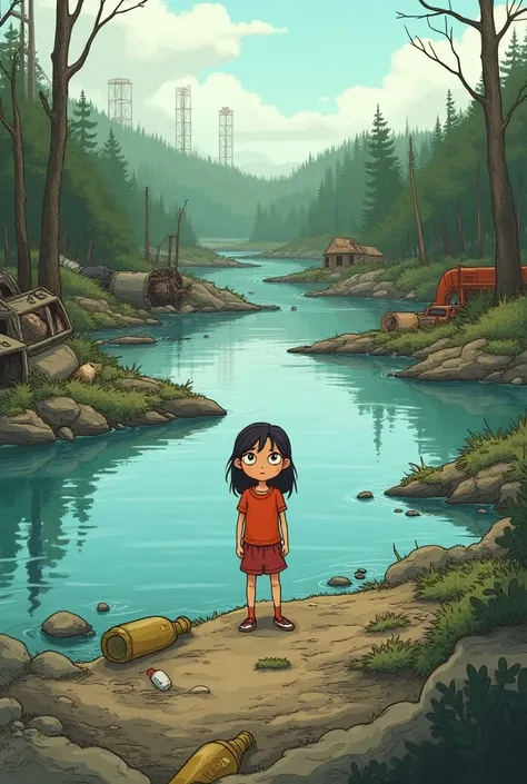 An illustration from a book of a girl who loves nature is the scene where she encounters pollution and destruction by rivers and forest 