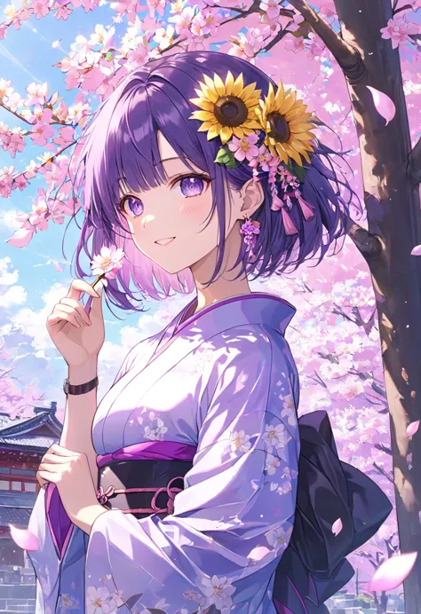  Smiling woman , cherry blossom hair accessory , purple eyes, Purple Hair,Short Bob,Long sideburns,  holding lots of cherry blossom petals ,  floating sunflower petals on my hand ,Purple Glow,  neon color  ,   wearing a kimono   , The background is daytime  ,Cherry Tree,Senbonzakura's masterpiece  , best quality ,Exquisite,8k,  absurd,  super detailed illustration,(  WATCH VIEWERS )