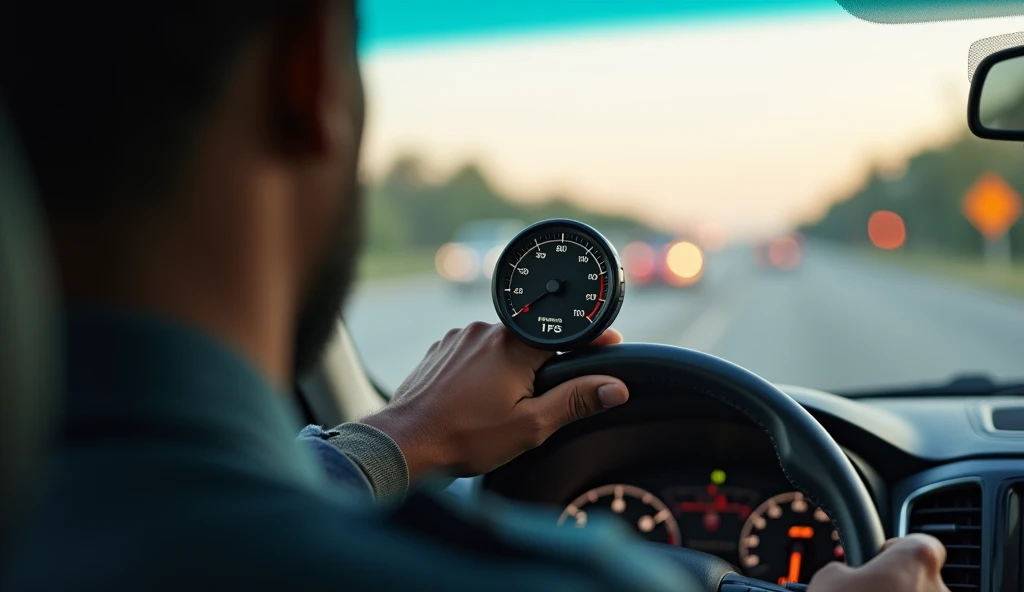 A black American police officer holding a speedometer on the highway.