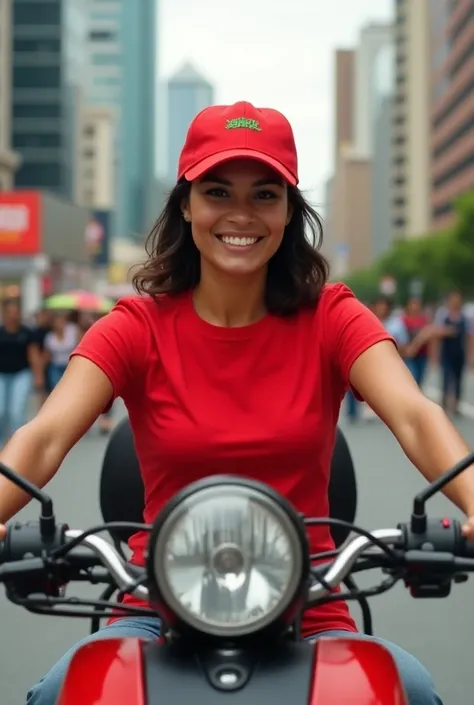 South African real 
girl food delivery rider wearing a red t-shirt and red cap