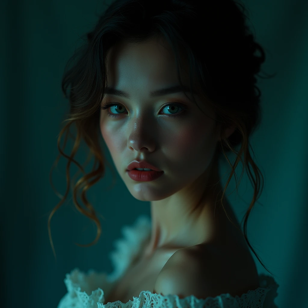 A beautiful woman, upper body, gaze, imaginative, dramatic lighting, vibrant colors, intricate details, cinematic composition, delicate porcelain skin, piercing eyes, full lips, flowing hair, graceful pose, wearing dress, dramatic chiaroscuro, vivid gem-to...