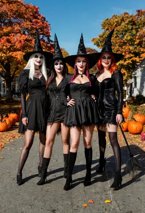 full body shot of a group of modern day lightly clad witches in salem massachusetts partaking in various activities they have to...