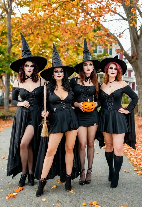 full body shot of a group of modern day lightly clad witches in salem massachusetts partaking in various activities they have to...