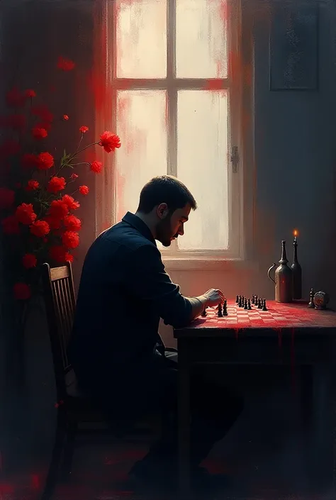 image in oil paint, abstract, watercolor, wantedlll style, thick brushstrokes as if made by hand, man inside a room, playing chess, only one light illuminates the board, at his side a bouquet of red flowers, the room has shades of red and deep blue, contra...